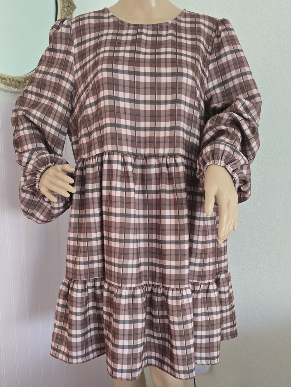 Tan & Brown Plaid Long Sleeve Tiered Dress